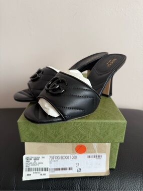GUCCI Marmont Double GG Slide Sandals Mule Heels Black Leather 7 US or 37 EUR